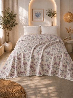 Veronica Line Premium Çiçek Desenli %100 Pamuk Müslin Yatak Örtüsü , Pike , 4 Mevsim