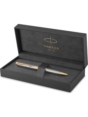 Parker Sonnet Paslanmaz Çelik Altın Tasarımlı Tükenmez Kalem, Orta Kalınlıkta Uç, Mavi Mürekkep