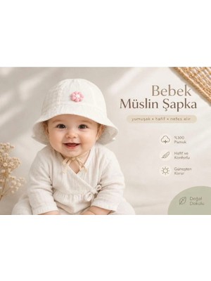 Mini Boncuk Papatya Detaylı Müslin Bebek Şapka - %100 Pamuk