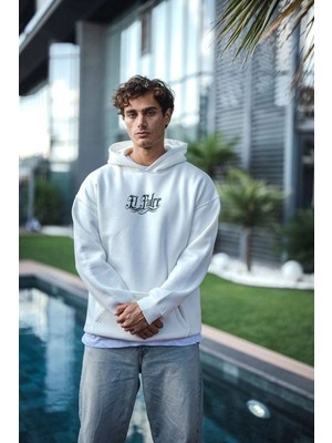 Vexor Erkek Kapüşonlu Kanguru Cepli Sweatshirt 3 Iplik Pamuklu Baskılı Hoodie - Beyaz