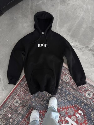 Vexor Kadın Kapüşonlu Kanguru Cepli Sweatshirt 3 Iplik Pamuklu Baskılı Hoodie - Siyah