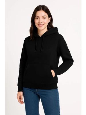 Vexor Kadın 3 Iplik Pamuklu Kapüşonlu Kanguru Cepli Sweatshirt Hoodie - Siyah