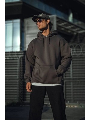 Vexor Erkek 3 Iplik Pamuklu Kapüşonlu Basic Sweatshirt Hoodie - Füme