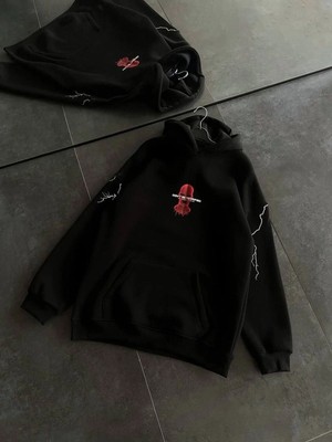 Vexor Kadın Kapüşonlu Kanguru Cepli Sweatshirt 3 Iplik Pamuklu Baskılı Hoodie - Siyah