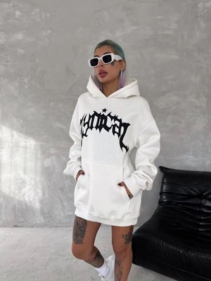 Vexor Kadın Oversize Kapüşonlu Cepli Baskılı 3 Iplik Pamuklu Hoodie Sweatshirt - Beyaz