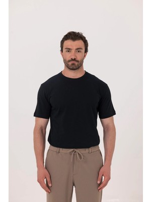 Sabri Özel Koyu Antrasit %100 Pamuk Bisiklet Yaka Düz Renk Basic T-Shirt