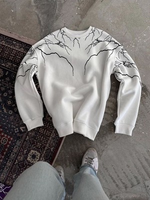 Vexor Erkek Yıldırım Baskılı Bisiklet Yaka 3 Iplik Pamuklu Sweatshirt - Beyaz