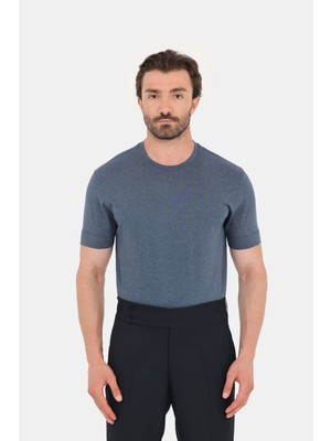 Sabri Özel Indigo Melanj %100 Pamuk Regular Fit Bisiklet Yaka Basic T-Shirt