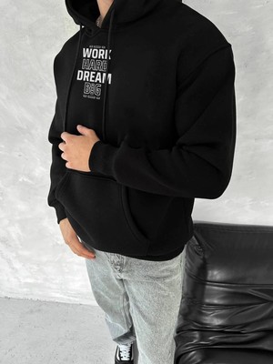 Vexor Erkek Kapüşonlu Kanguru Cepli Sweatshirt 3 Iplik Pamuklu Baskılı Hoodie - Siyah