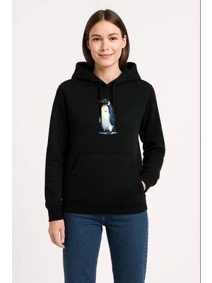 Vexor Kadın 3 Iplik Pamuklu Kapüşonlu Hoodie Sweatshirt Survivor Penguen Baskılı - Siyah