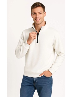 Vexor Erkek Dik Yaka Yarım Fermuarlı 3 Iplik Pamuklu Sweatshirt - Beyaz