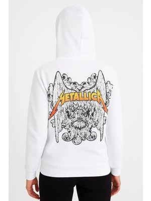 Vexor Metallica Iki Iplik Kapüşonlu Ön ve Arka Baskılı Hoodie - Beyaz