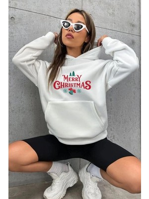 Vexor Yılbaşı Merry Christmas Baskılı Oversize Kapüşonlu Sweatshirt Hoodie - Beyaz