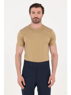 Sabri Özel Camel %100 Pamuk Regular Fit Bisiklet Yaka Basic T-Shirt