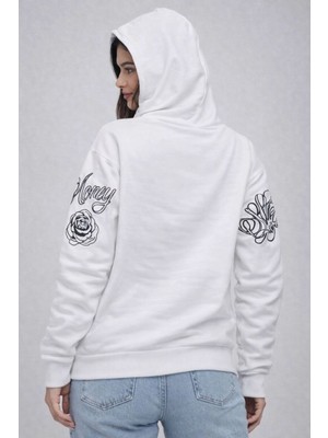 Vexor Kadın 3 Iplik Pamuklu Kapüşonlu Baskılı Sweatshirt Hoodie - Beyaz