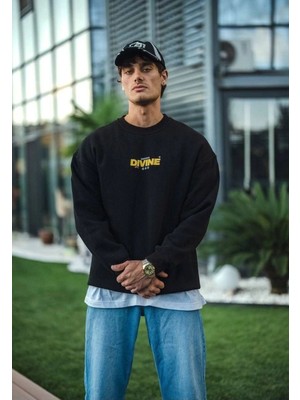 Vexor Erkek 3 Iplik Pamuklu Kışlık Bisiklet Yaka Baskılı Sweatshirt - Siyah