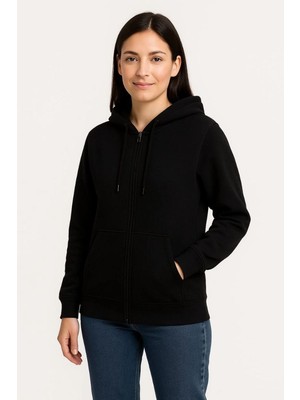 Vexor Kadın 3 Iplik Kapüşonlu Tam Fermuarlı Kanguru Cepli Sweatshirt Hoodie - Siyah