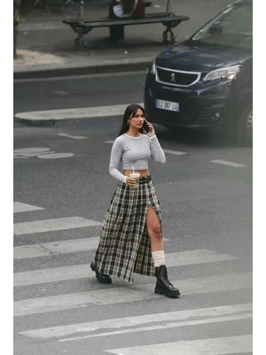 It's Basic Kadın Sarı Gri Ekose W6-34 Maxi Boy Kemer Detaylı Özel Tasarım Etek