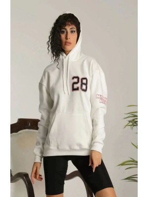 Vexor Kadın Oversize Kapüşonlu Cepli Baskılı 3 Iplik Pamuklu Hoodie Sweatshirt - Beyaz