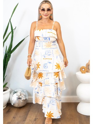 Muna Boutique Krem Volanlı Etek Bluz Alt Üst Takım