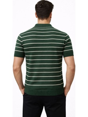 Vexor Erkek Triko Polo Yaka Fermuarlı Çizgili Tişört T-Shirt Yazlık Şık - Yeşil
