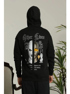 Vexor Erkek 3 Iplik Pamuklu Kapüşonlu Baskılı Cepli Oversize Sweatshirt Hoodie - Siyah