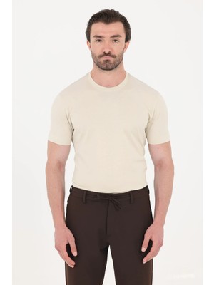 Sabri Özel Kum Beji %100 Pamuk Regular Fit Bisiklet Yaka Basic T-Shirt
