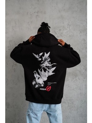 Vexor Erkek 3 Iplik Pamuklu Kapüşonlu Baskılı Cepli Oversize Sweatshirt Hoodie - Siyah