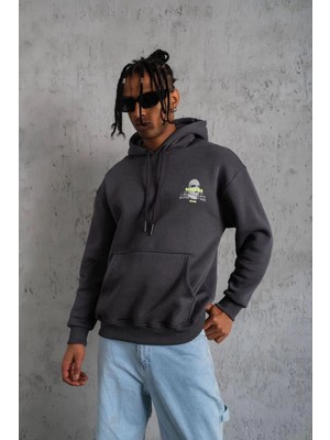 Vexor Erkek Baskılı Kapüşonlu 3 Iplik Pamuklu Hoodie Sweatshirt - Gri