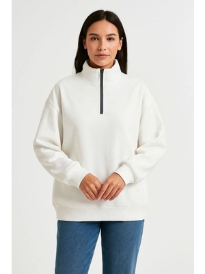 Vexor Kadın 3 Iplik Pamuklu Dık Yaka Yarım Fermuarlı Sweatshirt - Beyaz