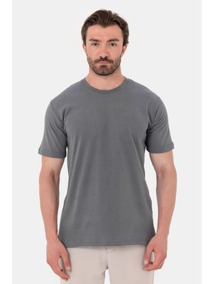 Sabri Özel Açık Füme %100 Pamuk Bisiklet Yaka Düz Renk Basic T-Shirt