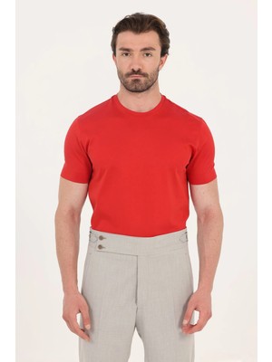 Sabri Özel Bayrak Kırmızısı %100 Pamuk Regular Fit Bisiklet Yaka Basic T-Shirt
