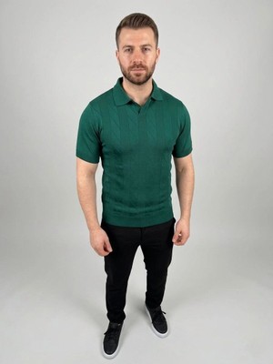 Vexor Erkek Yazlık Triko Dokuma Tişört Kısa Kol Polo Yaka T-Shirt - Koyu Yeşil