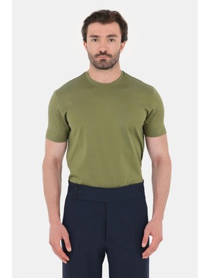 Sabri Özel Zeytin Yeşili %100 Pamuk Regular Fit Bisiklet Yaka Basic T-Shirt
