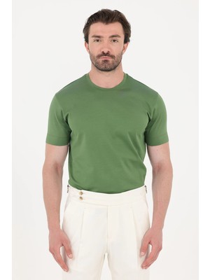 Sabri Özel Yağ Yeşili %100 Pamuk Regular Fit Bisiklet Yaka Basic T-Shirt