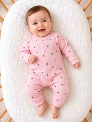 Babys Tasarım Kız Bebek Çiçek Desenli Pamuklu Tulum Uzun Kollu Yenidoğan Bebek Tulumu Günlük Kullanım