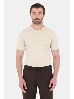 Sabri Özel Krem %100 Pamuk Regular Fit Bisiklet Yaka Basic T-Shirt