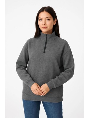 Vexor Kadın 3 Iplik Pamuklu Dık Yaka Yarım Fermuarlı Sweatshirt - Antrasit