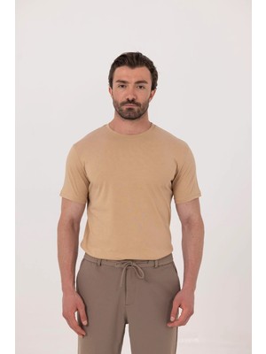 Sabri Özel Kahve %100 Pamuk Bisiklet Yaka Düz Renk Basic T-Shirt