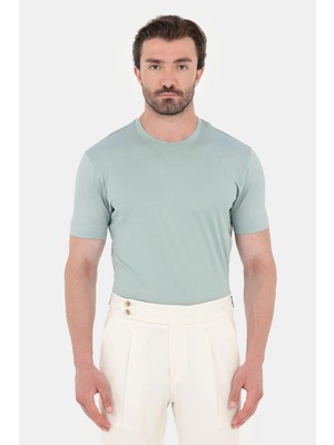 Sabri Özel Okaliptus Yeşili %100 Pamuk Regular Fit Bisiklet Yaka Basic T-Shirt
