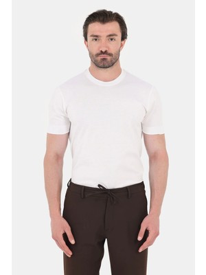 Sabri Özel Ekru %100 Pamuk Regular Fit Bisiklet Yaka Basic T-Shirt
