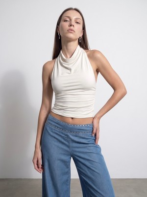 Dilvin 21246 Degaje Yaka Top-Ekru