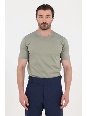 Sabri Özel Çağla Yeşili %100 Pamuk Regular Fit Bisiklet Yaka Basic T-Shirt