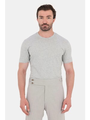 Sabri Özel Gri Melanj %100 Pamuk Regular Fit Bisiklet Yaka Basic T-Shirt