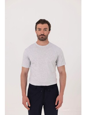 Sabri Özel Açık Gri %100 Pamuk Bisiklet Yaka Düz Renk Basic T-Shirt