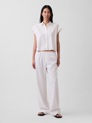 Gap Kadın Beyaz Keten Karışımlı Easy Wide-Leg Pantolon