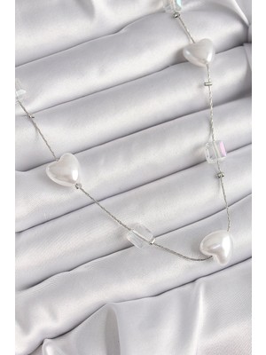 Uravas Store Pirinç Gümüş Renk Beyaz Inci Kalp Model Kadın Kolye