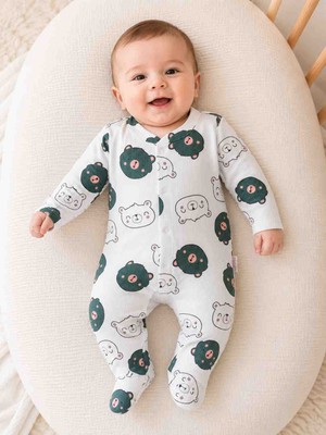 Babys Tasarım Kız & Erkek Bebek Ayıcık Desenli Uzun Kollu Patikli Tulum %100 Pamuk Yenidoğan Günlük Bebek Tulumu