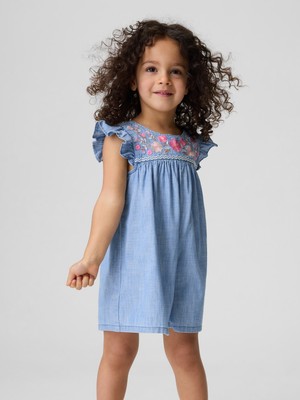 Gap Kız Bebek Açık Mavi Denim Işlemeli Yoke Tulum
