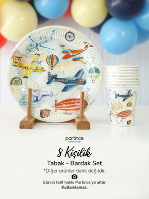 Partince 8 Kişilik Uçak Tema Mavi Rota Tabak Bardak Set Kullan At Karton Tabak Bardak Parti Seti